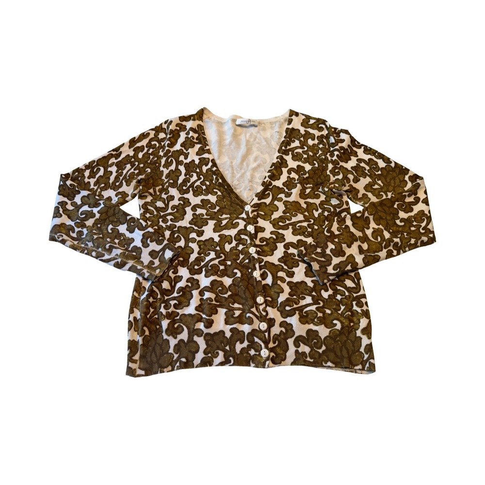 Josie Natori Silk Blend Cardigan Olive Green Damask Floral V-Neck Sweater Size M